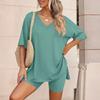 Women Two Piece Loungewear Set V Neck Short Sleeve Top and Shorts Relaxed Fit Soft Fabric Casual Outfit for Home or Daily Wear