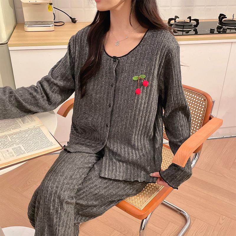 Cherry Cardigan Pajama Set: Women's Drawstring Fleece with Chest Pad - Korean-Style, Long Sleeve, Two-Piece Homewear.