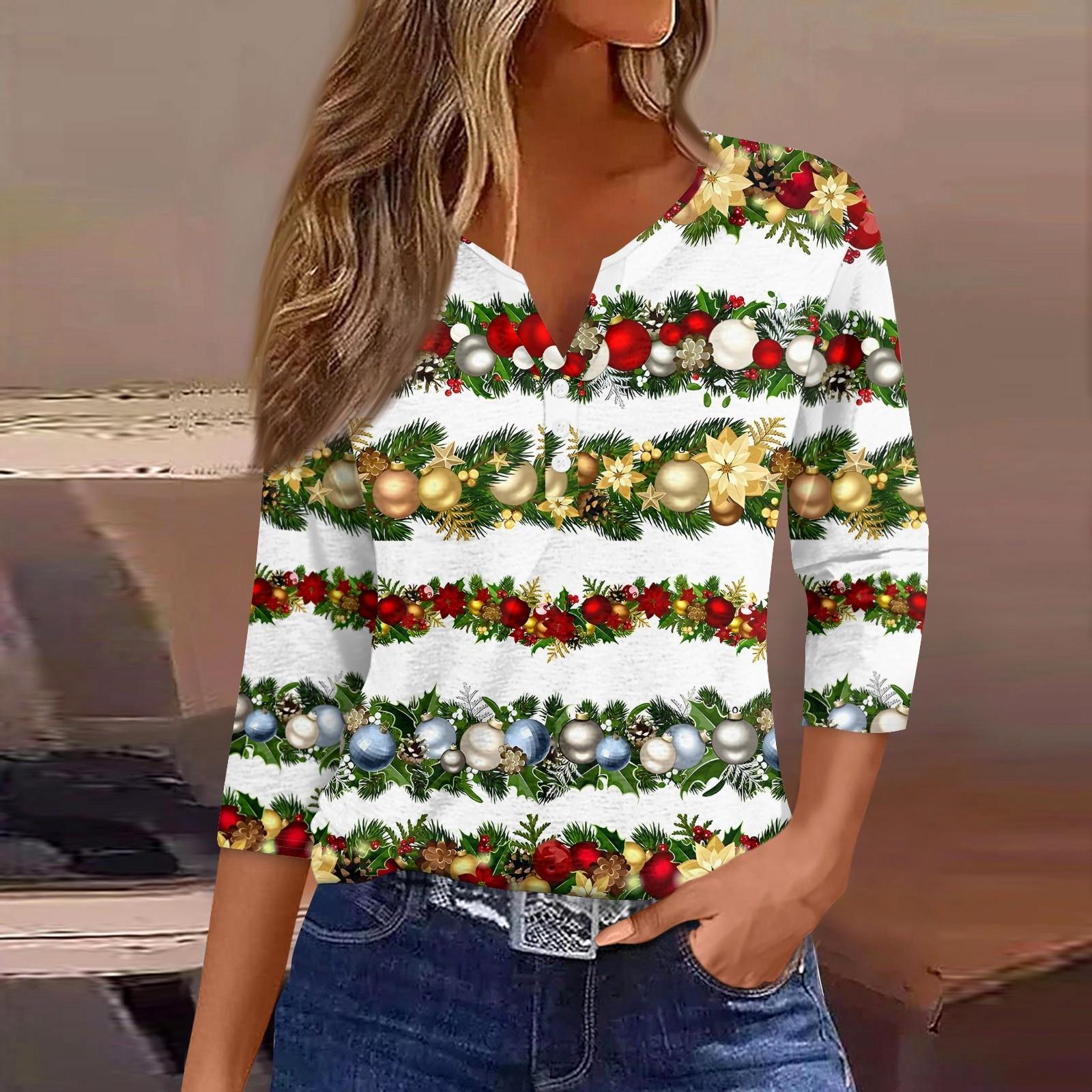 

Жіноча модна повсякденна футболка з V-подібним вирізом із сімома рукавами та різдвяним принтом XXXL білий