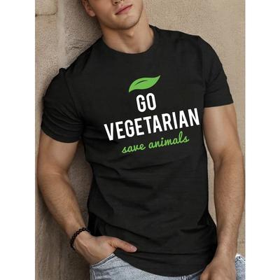 Taglie Europee Vai Vegetariano Salva gli Animali T-shirt a Maniche Corte da Uomo - Leggera Maglietta Casual Estiva con Stampa Geometrica