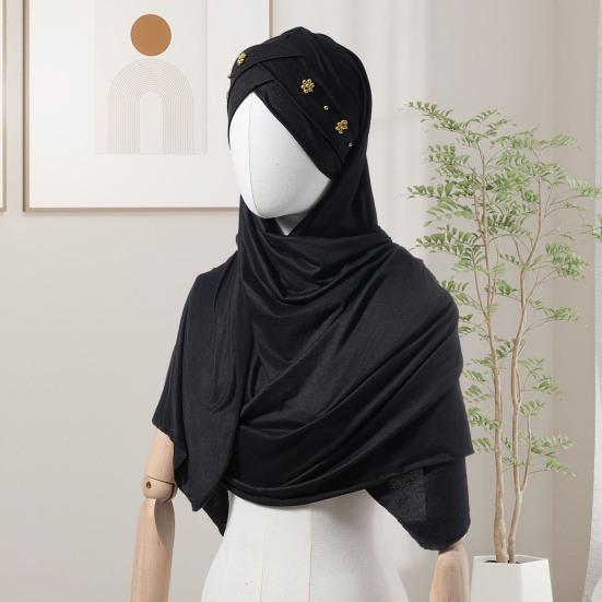 Headscarf Hat with Bright Bead Pleated Design Solid Color Shawl