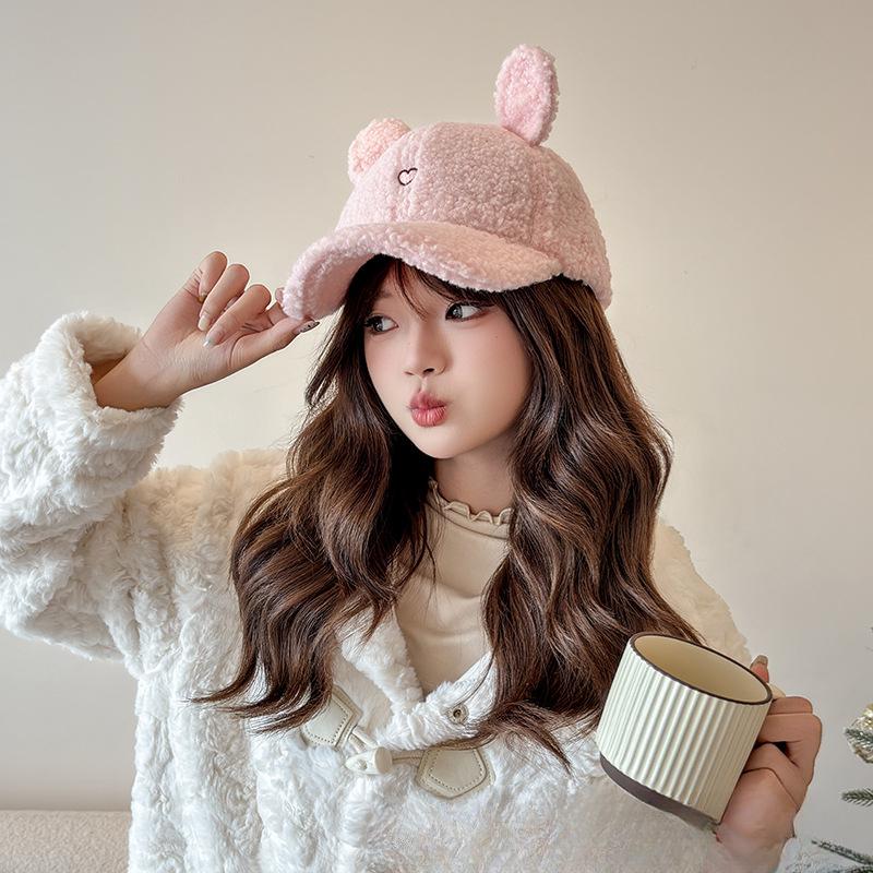 Hat for Women In Autumn and Winter Hairy Thickened Warm Baseball Cap Rabbit Ears Cute Versatile Embroidered Korean Style Baseball Cap