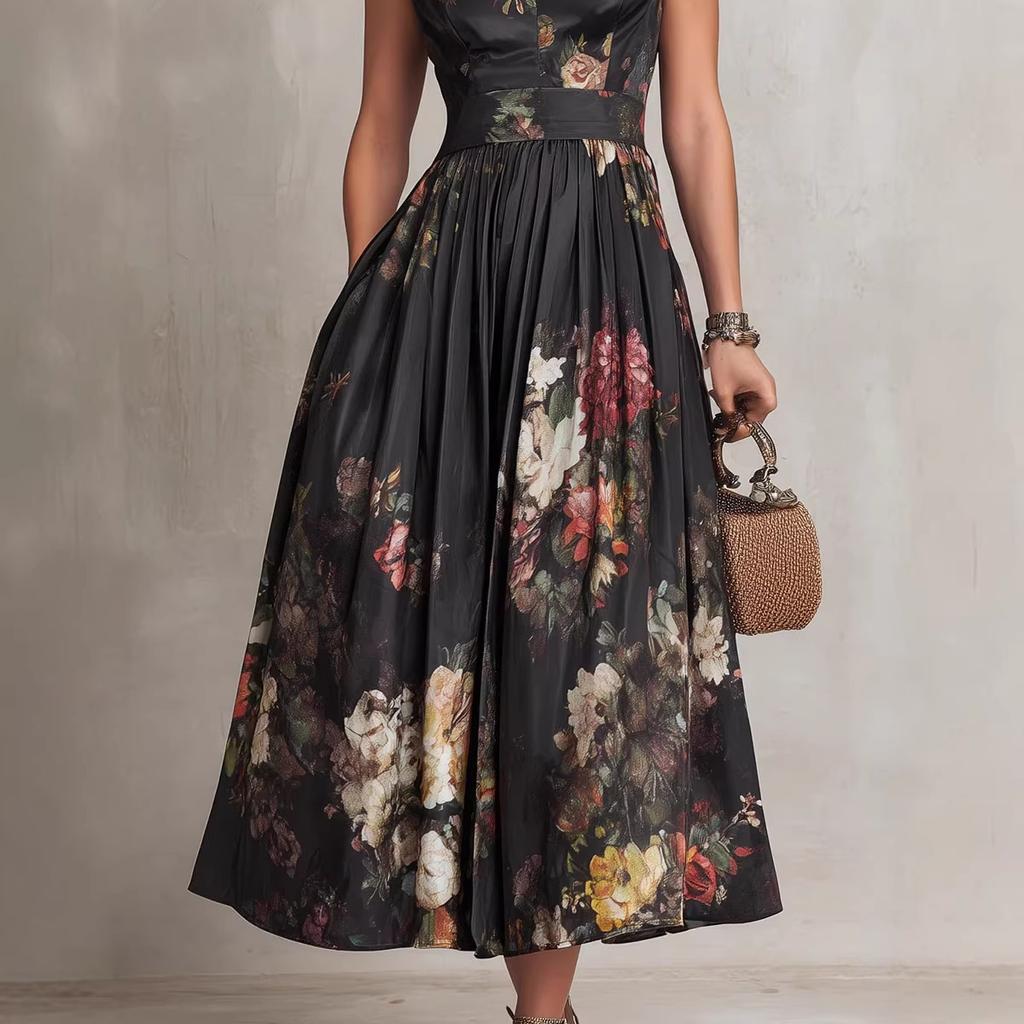 Black Floral Print Sleeveless Cheongsam Dress with High Collar and Side Slit