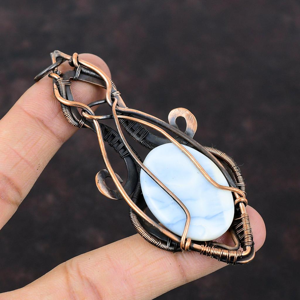 Owyhee Blue Opal Pendant Copper Wire Wrapped Gemstone Pendant Handmade Pendant Copper Jewelry Stylish Pendant Gift For Mom Wire Wrap Jewelry