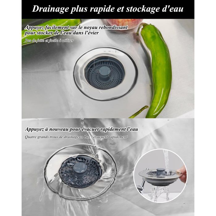 Crépine d'évier - AIMOONSA - S1 - Acier inoxydable/ABS - Ø 70–86 mm - 3-en-1 (bouchon, passoire, anti-odeur)