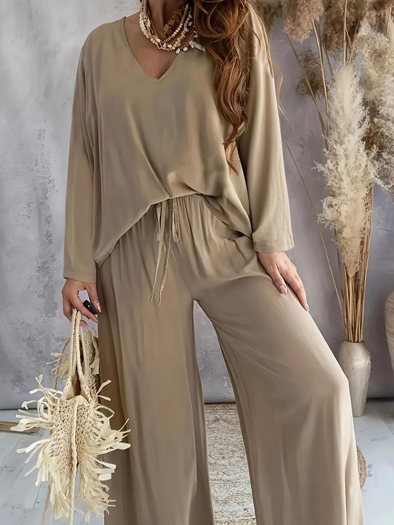 Women's Fashion 2025 V-Neck Loose Casual Two-Piece Set In Ice Silk