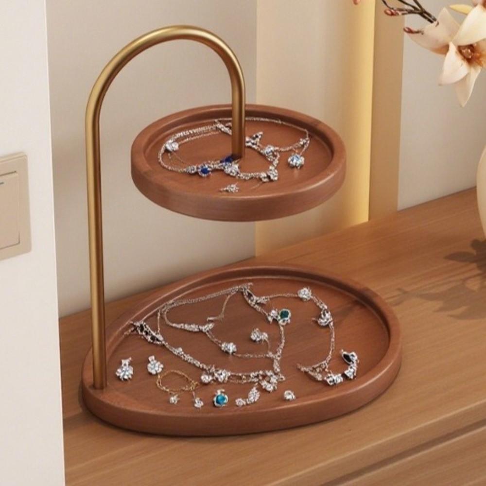 Wooden Double Layer Storage Tray Retro Jewelry Holder Jewelry Display Stand Key Rack Tray Decorative Necklace Display Stand