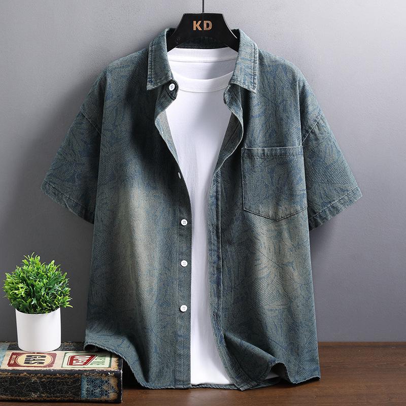 National Trend Men s Jacquard Denim Short-Sleeve Shirt - Summer Loose Fit Casual Style XXXL