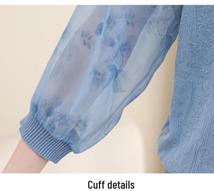 Mom's Stylish Sheer V-Neck T-Shirt for Middle-Aged and Elderly Women, Lightweight Knit Top with Seven-Point Sleeves