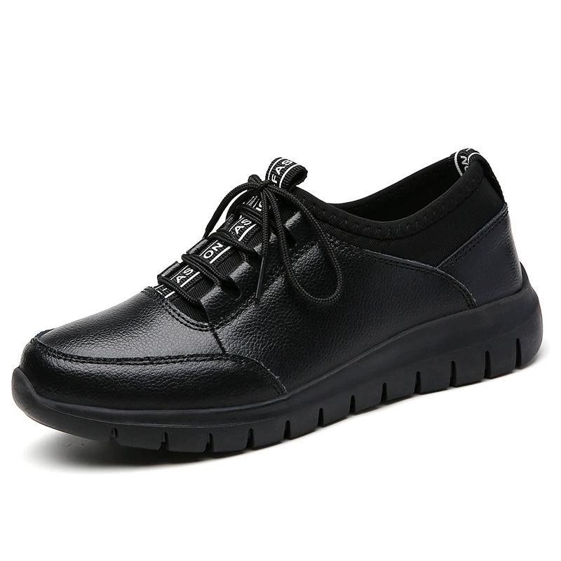 Spring and Autumn PU Leather Tendon Sole Shoes Women's Wear-Resistant Flat Casual Cowhide Middle-Aged and Elderly Mom Shoes