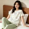 Korean Small Fresh INS Pajamas Women's Summer Milk Apricot Green Bear Round Neck Short-sleeved Trousers Set Women's Loungewear