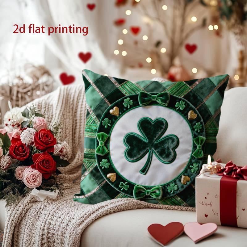 St. Patrick's Day Heart & Shamrock Decorative Pillow Pattern Cushion Cover Suitable for Sofa Bedroom Car Pillow Cover