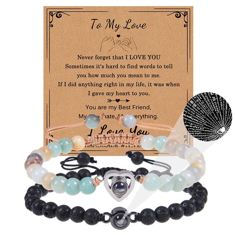 Bracciale con proiezione "Ti amo" in 100 lingue con pietra naturale smerigliata e turchese bianco per coppie