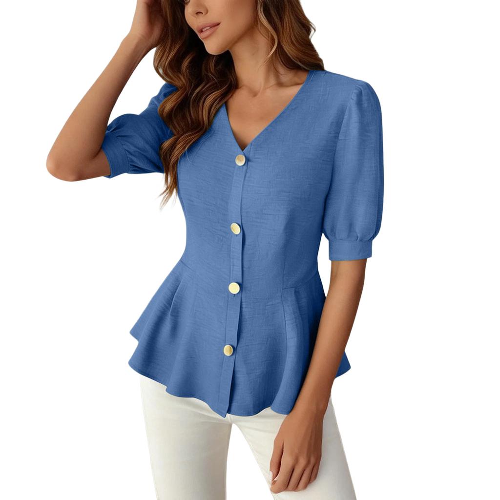 Damen Elegantes Lässiges V-Ausschnitt Rüschenkurzarm-Oberteil