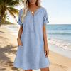 Soft Blended Fabric Dress Summer Short Sleeve for Women, Casual Button Up V Holiday Neck A-line Dress, Flowy Beach Vacation Sundress with Pockets