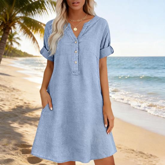 Soft Blended Fabric Dress Summer Short Sleeve for Women, Casual Button Up V Holiday Neck A-line Dress, Flowy Beach Vacation Sundress with Pockets