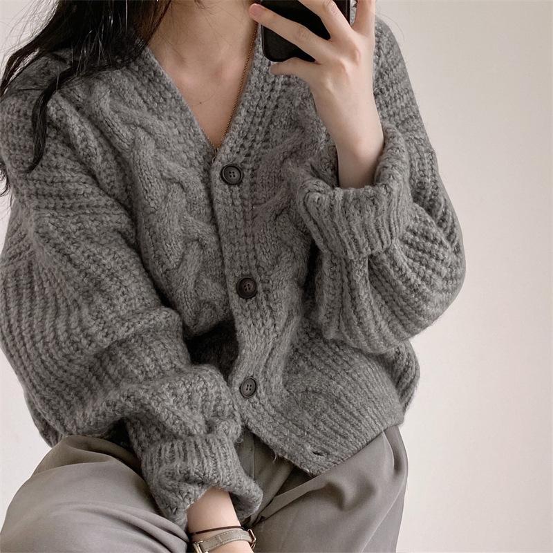 Winter Warm Langarm Strickjacke Damen V-Ausschnitt Lockerer Pullover Herbst Elegant Einfarbig Lässiges Strickoberteil