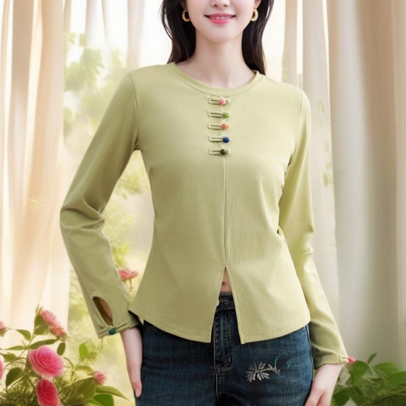 Leichter chinesischer Stil Chinesischer Knopf Top Damen Langarm T-Shirt Frühling Neues Design Unterhemd