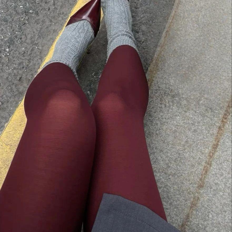 

Solid Color Opaque Footed Tights Women S High Stretch Burgundy Pantyhose For Casual Dressy Occasions M