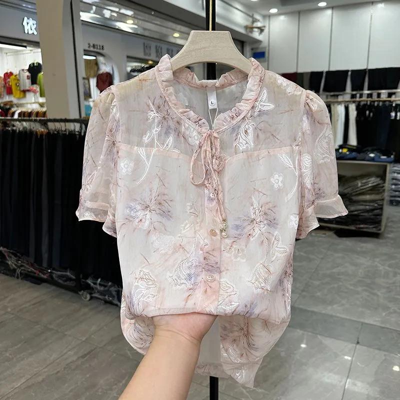 

Women s Summer Floral Print Short-Sleeve Blouse Loose-Fit Slimming Elegant Bubble Sleeve Top S розовый