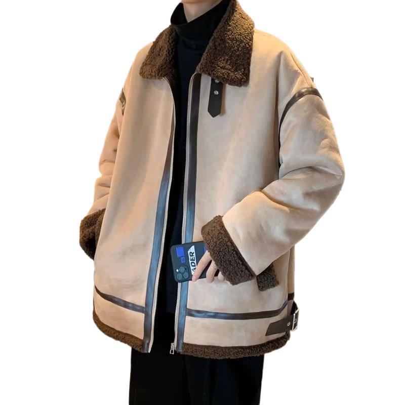 Men's Black Winter Lambswool Berber Fleece Jacket - Thick, Trendy, Fur-Lined, Lapel, Large Size Coat