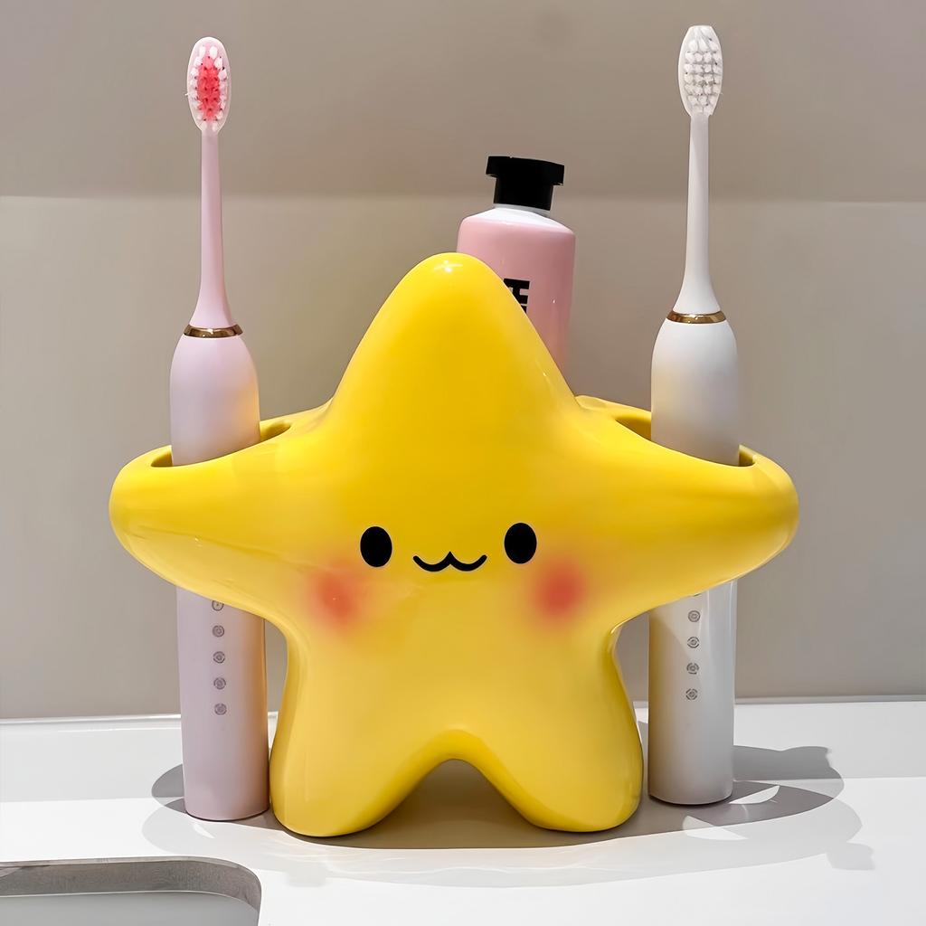 Cute Cartoon Star Toothbrush Holder, Toothbrush Organizer with Toothpaste Shelf for Bathroom Countertop
