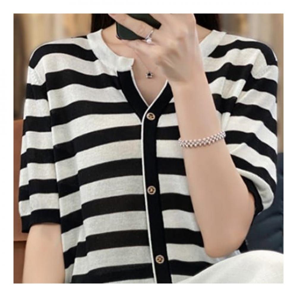 Navava Women Casual Simple Striped Short Sleeve Knit Nk2046