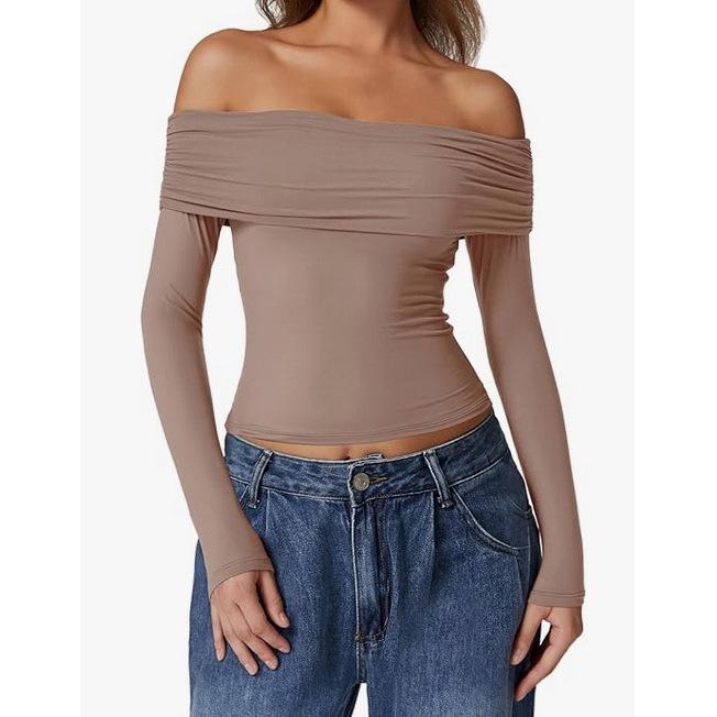 European and American Women's One-Shoulder Long-Sleeve Milk Silk T-Shirt - Elegant and Stylish Design