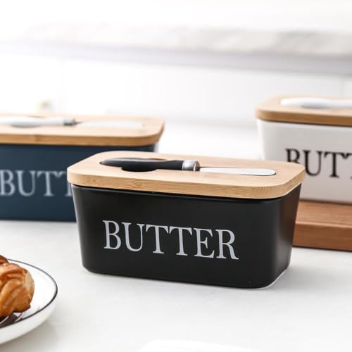 Butter Case, Storage Container with Knife, Wooden Case and Ceramic Butter Holder, Butter Knife Box, Kitchen Storage, Condiment Storage Container, Scan