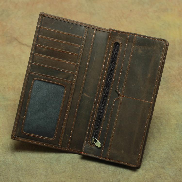 Vintage Crazy Horse Leder Herren Bifold Geldbörse - Echtes Vollnarben-Rindsleder Lange Geldbörse mit Geldklammer