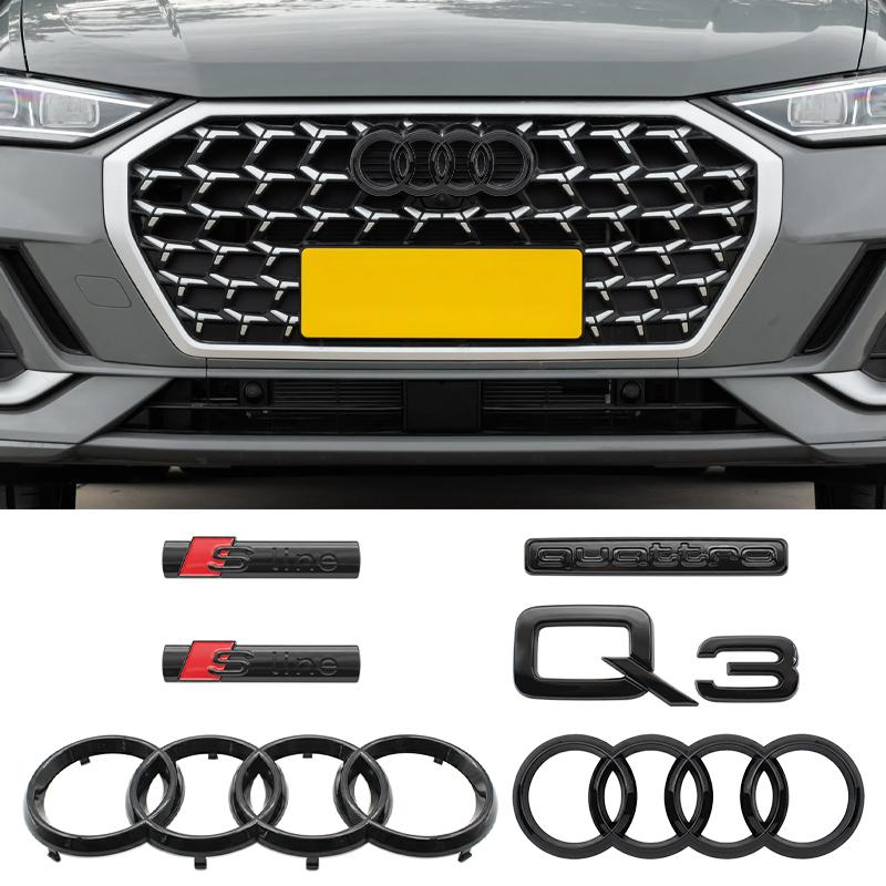 4Ring ABS Logo Black Car Hood Front Grille Emblem Rear Trunk Badge Sticker Auto Accessories For E2 Q3 2013-2022 Sline Quarrto E3a7s1