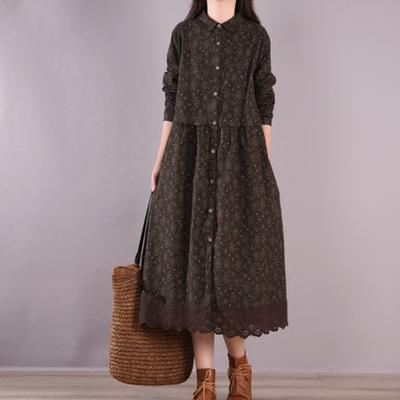 Lockeres Damen-Freizeitkleid mit Blumenmuster aus Baumwolle und Leinen