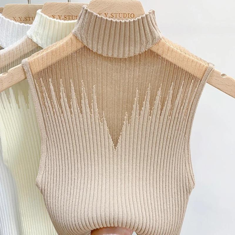 Knitted Mesh Top Y2k Women Tank Top Half Neck Vest Female Sleeveless Sweater Chic Cut Out Streetwear Solid Skinny Tube Top