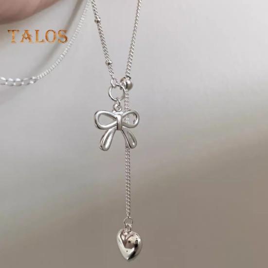 Bow Necklace Silver Bow Heart Pendant Necklace Women Simple Jewelry Gift for Dating Daily Wear Banquet Work Party