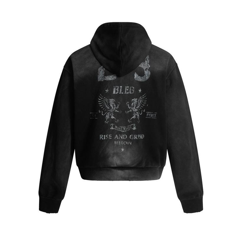 Mens Oversized Hooded Zip-Up Sweatshirt With Abstract Print Vintage Americana Streetwear Washed Cotton Blend Loose Fit