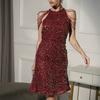 2024 Women Halter Off Shoulder Gown Dress Chain Tassel Shining Sequins Slim Fit Hip Wrapped Mid Rise Dress Party Costume