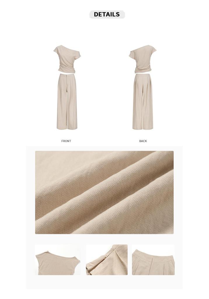 2026 SS Women's Elegant Apricot Pleated Two-Piece: Off-Shoulder Top & Wide-Leg Floor-Length Pants