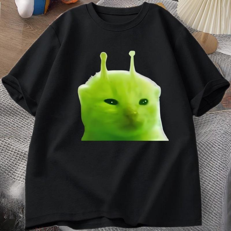 T-shirt Chat Alien Vert Femme Unisexe Chat Meme Tee Glorp Gnarp Cerveau de Chat T-shirt Mignon Rigolo Hauts Courts Manches Courtes en Coton Amples