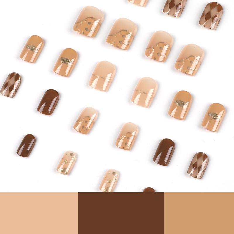 24 pezzi/set unghie finte corte retrò marrone rombo unghie finte adesivi indossabili impermeabili manicure unghie finite