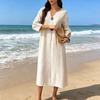 Sommer Baumwollkleid für Damen Langarm V-Ausschnitt Fließendes Langes Kleid Lässig Strandurlaub A-Linie Sommerkleid