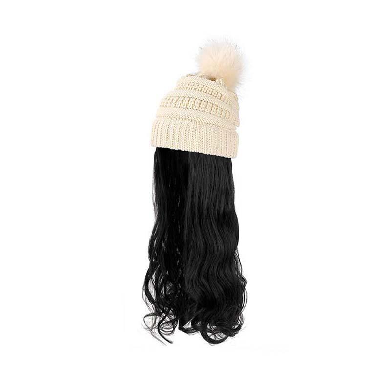 Autumn Winter New European American Women's Long Curly Hair Big Wave Hat Solid Color Knitted Yarn Wig Diagonal Bangs
