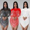 European and American Fashion Women's Solid Color Mesh Rhinestone Long Sleeve Mini Dress