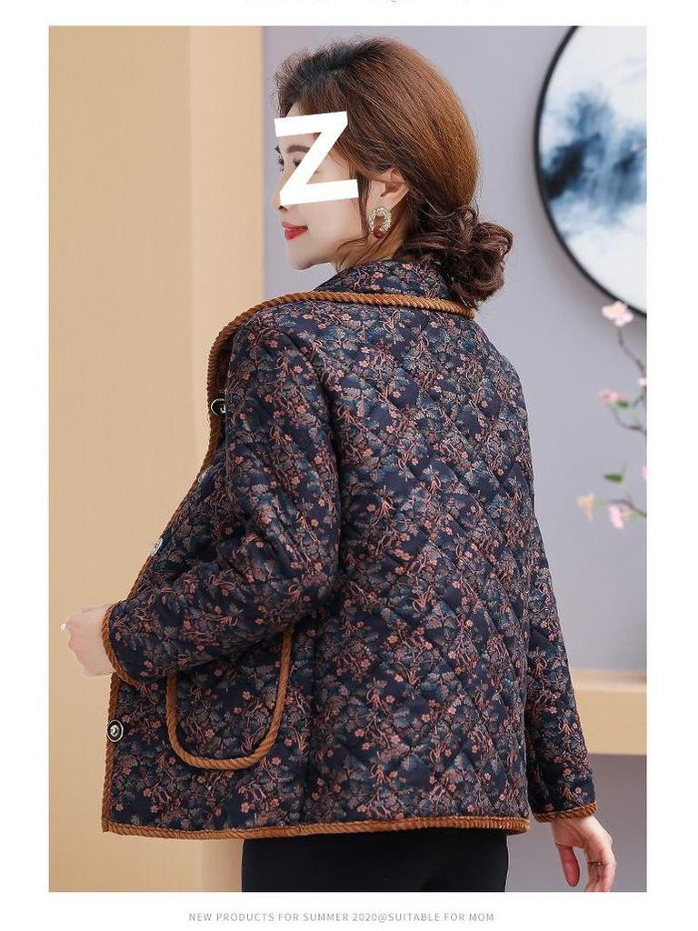 Women's Winter Floral Fleece-Lined Jacket - Thick Cotton Coat for Middle-Aged and Elderly, Long-Sleeved Cold Protection.