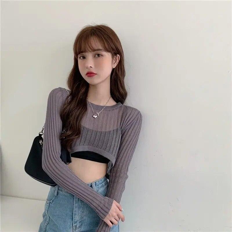 Long Sleeved Hollow Knit Sunscreen Blouse Slim Thin Pullover Women's Crop Top Simple Casual Commuting Spring Summer