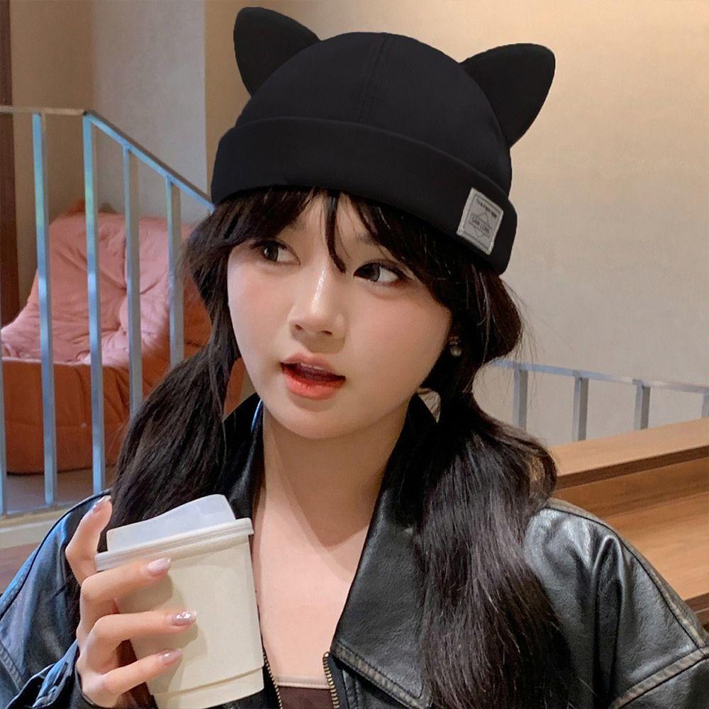 Fashion Cotton Cat Ears Landlord Hat Adjustable Solid Color Melon Skin Hat Hip Hop Brimless Docker Cap Outdoor