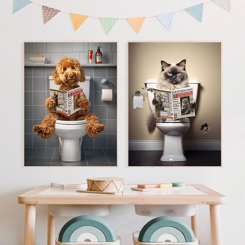 Retro Funny Animal Sitting On Toilet Reading Newspaper Posters Prints Canvas Painting Colorful Wall Pictures Bathroom Home Decor
