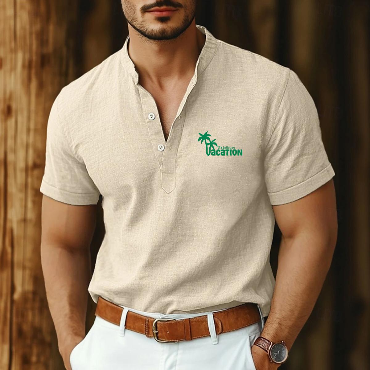 

Men s 100% Cotton Linen Shirts Short Sleeve Button Up Neck Stand Collar Casual Summer Home Daily Shirts 3XL абрикосовий