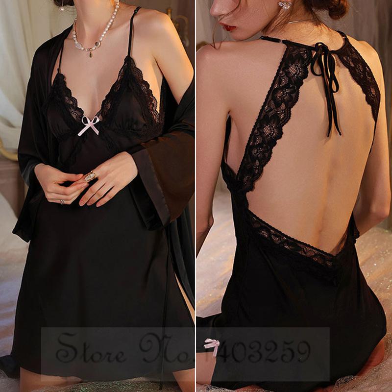 Female Nighty Robe Set Sleepwear SEXY Lace Backless Lingerie Nightgown Summer LoungeWear Loose Satin Bathrobe Gown Home Dress
