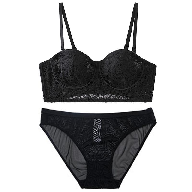 

French big breasts and small underwear Thin rabbit ears cup lace bra Anti-sagging soft steel ring Sexy underwear 85C чорний