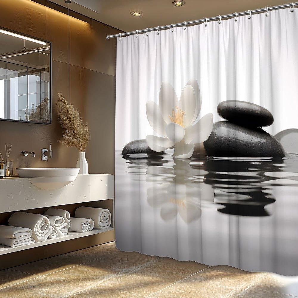 Simple and elegant white shower curtain, stone flower pattern balanced, waterproof, suitable for home use bathroom curtain
